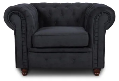 Produktbild von Sessel Chesterfield Asti - Couch, Couchgarnitur, Couchsessel, Loungesessel, Stühl, Holzfüße - Glamour Design (Schwarz (Capri 19))