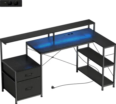 Image de Bureau gaming en forme de L avec éclairage LED, prises électriques et support pour deux écrans