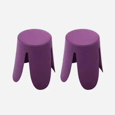 Two purple stools are shown from a slightly elevated side angle against a light gray background.