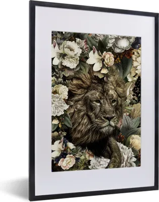 Produktbild von MuchoWow® MuchoWow® Gerahmtes Poster Löwe - Blumen - Farben 30x40 cm - Poster mit zchwarzem Bilderrahmen - Wandposter Schlafzimmer