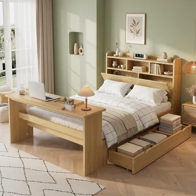Produktbild von Merax Kinderbett 140x200cm mit Schublade und Klapptisch verstellbar bis 45°, Holzbett mit Stauraum und Kopfteil Regal, Jugendbett mit Lattenrost, Natur
