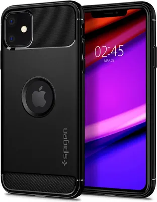 A black Spigen Rugged Armor phone case for an iPhone 11 is shown with the phone's screen displaying the time.