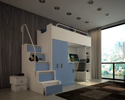 Produktbild von Marlux-Meble Hochbett Kinderbett JSM-4 80x190 mit Kleiderschrank Schreibtisch und Treppe Matt Kinderbetten Funktionsbett Etagenbett Stockbett Kinderhochbett Jugendhochbett (Hellblau Matt)