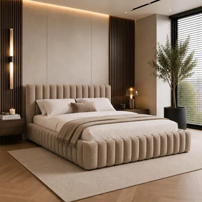 Obrázok produktu pre FURNISTAR Čalúnená posteľ BLIVIO 160x200 cm, čalúnená posteľ s úložným priestorom a roštom, dvojposteľ, vzhľad boxspringovej postele, farba cappuccino