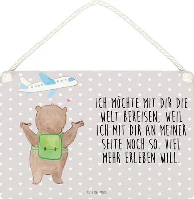 Produktbild von Mr. & Mrs. Panda holzbild Bär Flugzeug DIN A4 - Grau Pastell - Geschenk, Mitbringsel, Freundin, Türschild, Freund, für Frauen, Holzschild, Wandbild Holz, Hochzeitstag