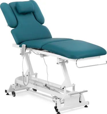 A turquoise electric massage table with a white metal base, shown from a side-diagonal angle against a white background.
