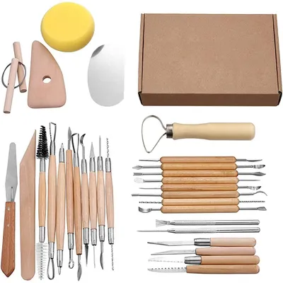 30-teiliges Tonschnitzwerkzeug-Set, Edelstahl, Hartholzgriffe, für Modellieren