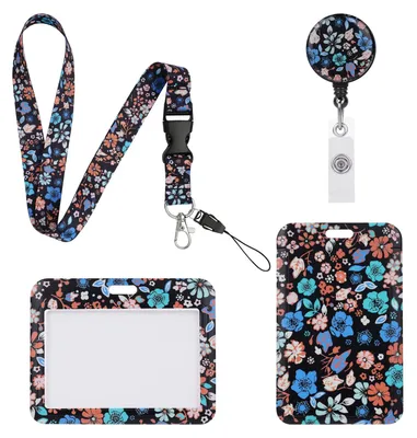 Produktbild von Lanyard mit Ausweishalter, 2-teiliges Ausweishalter-Set, ausziehbarer Ausweishalter mit Clip, Lanyards mit Schnellverschluss, für Lehrer, Ärzte, Studenten (Blumen)