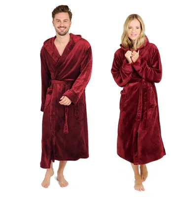 Imagen del producto de Bata de felpa suave y cálida para mujer y hombre, con capucha y prácticos bolsillos delanteros, certificada Oeko-TEX®, talla XXXL, color rojo oscuro