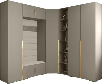 A corner wardrobe unit with a bench and shelving.