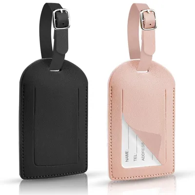 Image de Étiquettes pour bagages, lot de 2, en cuir synthétique (PU), avec possibilité d'insérer une étiquette nominative, disponibles en 2 couleurs, réutilisables