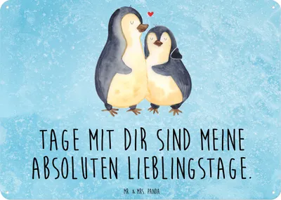 Produktbild von Mr. & Mrs. Panda Schild Pinguin umarmen DIN A6 - Eisblau - Geschenk, Wandbild, Liebe, Retro Blechschild, Hochzeitstag, tafel, Hochzeit, Verlobung, Türschild