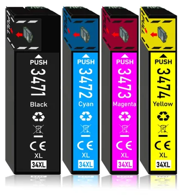 Four printer ink cartridges lined up against a white background.
