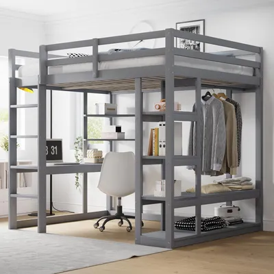 Obrázek produktu pro okwish Patrová postel 140×200 Mládežnická postel s integrovaným stolem a regály, rám postele s jednoduchými závěsy a odkládacími plochami, bez matrace, šedá