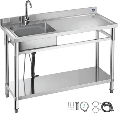 Produktbild von Edelstahl Gastro-Spültisch - Einzelbecken Küchenspüle - 120 x 50 x 94 cm - Mit Wasserhahn - Mit Ablageboden - Freistehend - Becken rechts