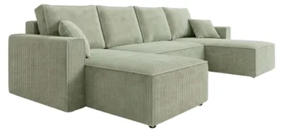 Produktbild von AMBER U Ecksofa U-Form 305x140 cm Cord Schlafsofa Bettkasten Wohnlandschaft links rechts Helles Salbeigrün PetFriendly