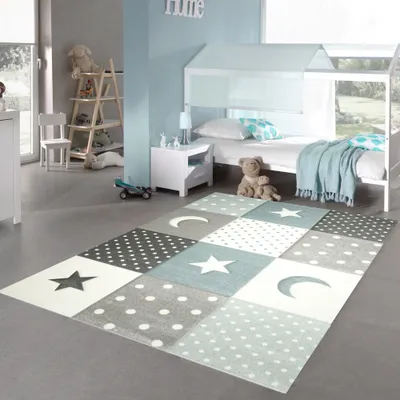 Image de Tapis de chambre d'enfant Jeu & Bébé Tapis Points Etoiles Lune Design en bleu turquoise gris crème Taille - 140 x 200 cm