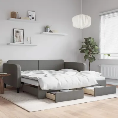 Image de Lit de jour Extensible avec tiroirs Gris foncé 100x200 cm Tissu