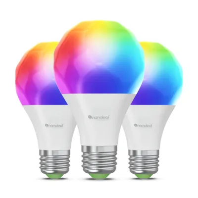 Three smart light bulbs with colorful light emissions, arranged diagonally on a white background.