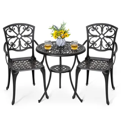 Produktbild von Avestar 3-teiliges Bistro Set aus Aluminiumguss, Gartenmöbel Set, Balkonmöbel, runder Bistrotisch mit 2 Gartenstühlen, Schwarz
