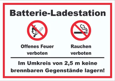 Produktbild von Batterie Ladestation offenes Feuer und rauchen verboten Schild A6 Rückseite selbstklebend