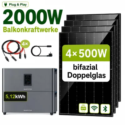 Produktbild von Balkonkraftwerk 2000Wp mit 5,12kWh Speicher, 4x500W bifaziale Glas-Glas Solarmodule, MARSTEK Jupiter C Plus mit Erweiterungsakku