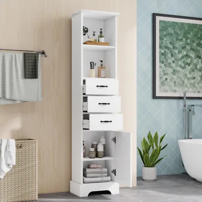 Produktbild von okwish schmaler Badezimmerschrank mit 3 Schubladen und doppelte offene Regalböden Aufbewahrungsschrank Hochschrank mit einer Tür  verstellbare Regalböden Weiß