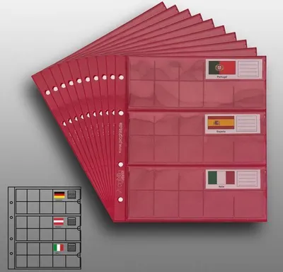 Produktbild von Prophila Collection 10 Münzhüllen für 3 komplette €-Kursmünzensätze mit je 8 Münzen, mit 10 roten Karton-Zwischenbl. + 24 Flaggen