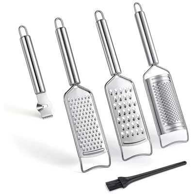 Produktbild von Edelstahl Käsereibe Set - 5-teiliges Küchenreibe-Set mit Schäler und Hobel - Für Gemüse Obst und Schokolade - Inklusive Zitronenzester und Reinigungsbürste