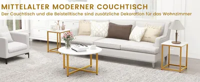 Produktbild von Couchtisch-Set - Wohnzimmertisch & Beistelltische - 3-teilig - Metallgestell - 1 rund + 2 quadratisch - Weiß