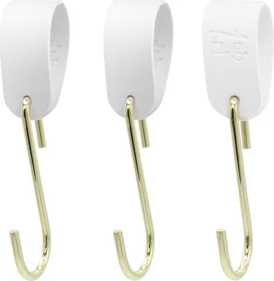 Produktbild von Natural Goods Berlin Garderobenhaken GARD Schlaufe, veganer Kunstlederriemen, Lederschlaufe, Lederband, Weiß, mit GARD Haken FLAT in Gold, 3 Stück