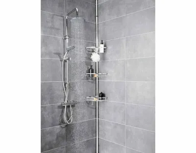 Produktbild von Livarno Home Teleskop Duschregal, verchromter Stahl, Eisendraht, Kunststoff, B 25,5 cm x H 123-260 cm x L 25,5 cm, 3 Ablagen, 2,14 kg