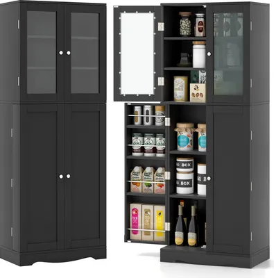 Produktbild von COSTWAY Kuchynská skrinka so sklenenými dvierkami a ochranou proti nakloneniu, vysoká skrinka, samostatne stojaci kuchynský bufet, viacúčelová skrinka z dreva, 1 ks čierna 60x31,5x161,5 cm