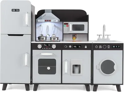 Imagen del producto de Cocina de juguete para niños, 3 en 1, de madera, con nevera, lavadora y microondas, que incluye fogones, fregadero y horno. Cocina de juego con luces y sonidos, apta para niños a partir de 3 años (color marrón)