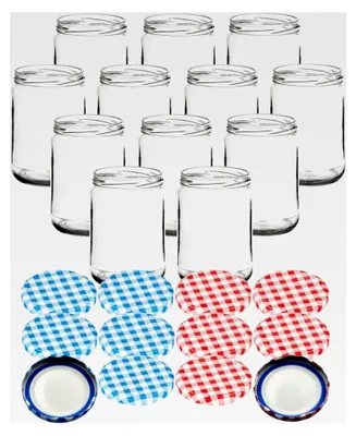 Produktbild von 12er Set Einmachgläser 580 ml rund mit BlueSeal Schraubdeckel in karoblau und karorot