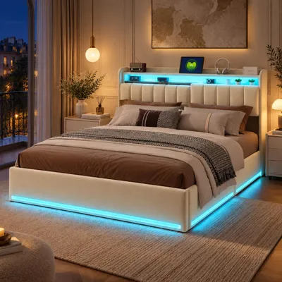 Produktbild von Polsterbett 160×200 mit RGB LED, Stauraumkopfteil, USB & USB-C, hydraulischer Stauraum