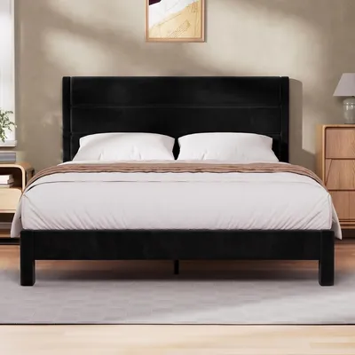 Produktbild von Doppelbettgestell 140x200 cm Polsterbett mit dreiteiligem Kopfteil Metallrahmen Stahl Stauraum unter dem Bett Plattformbett geräuschlos Schwarz