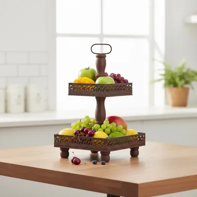 Produktbild von Etagere 2?Etagen Servierplatte Metall Braun Obst Gebäck Kuchenständer