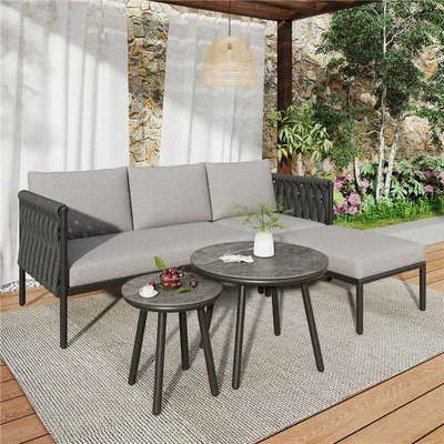 Produktbild von Flieks Gartenlounge-Set 4 Personen, Gartengarnitur aus Seil, Tischplatte mit Marmormuster, Gartenmöbelset 4-tlg., Balkonmöbelset Terassenmöbelset Grau