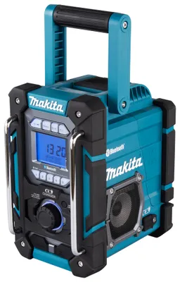 A teal and black Makita radio with a silver handle and accents, shown against a white background.