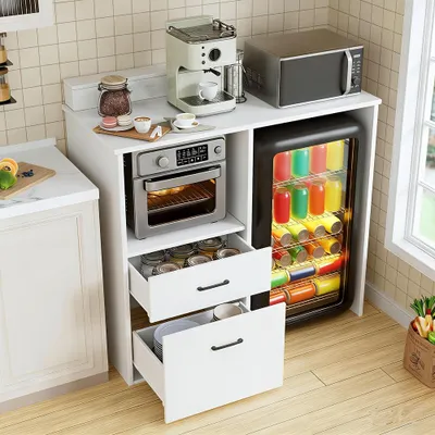 Zdjęcie produktu dla Szafka kuchenna i witryna w jednym, z półką na mikrofalówkę i 2 szufladami, kolor biały