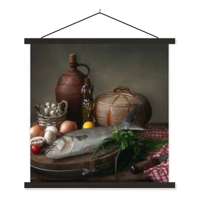 Produktbild von MuchoWow® Textilposter Rustikal - Fisch - Stilleben - Gemüse - Kräuter 120x120 cm mit schwarzem Rahmen - Aufhängungsset
