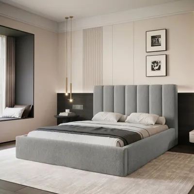Produktbild von Polsterbett CIERO 140x200 Grau Boucle Stoff mit Bettkasten & Lattenrost