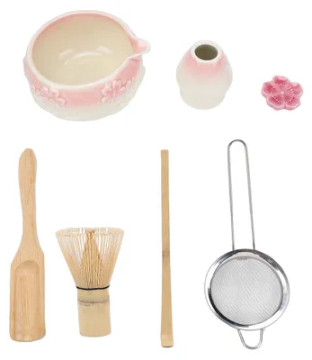 Image de Ensemble de 7 pièces pour préparer le thé matcha : fouet, bol, cuillère, tamis, le tout en céramique émaillée élégante, de couleur rose