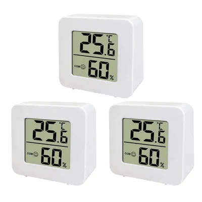 Produktbild von 3 Stück digitale Mini-Thermometer mit integriertem Hygrometer – kompakt aus Kunststoff, 4,5 x 4,5 x 1,6 cm groß, ideal für Innenbereiche