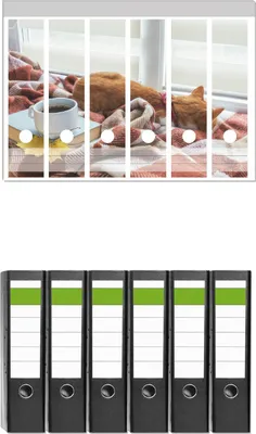 Produktbild von Wallario 6 Stück breite Ordner inkl. Klebeetiketten mit Motive Schlafende Katze beim Kaffeekränzchen -  Set mit Rückenschildern / Ordnerrücken Stickern