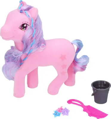 A pink plush toy pony with purple and blue hair, along with accessories like a comb, bucket, and star clips, is displayed against a white background.