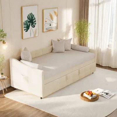 Produktbild von Jugendbett 90x200 Bett mit Ausziehbett, Polsterbett Bettgestell mit Lattenrost, Schlafcouch als Jugendbett or Gästebett, Beige Samt Tagesbett