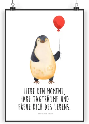 Produktbild von Mr. & Mrs. Panda Bild Pinguin Luftballon DIN A5 - Weiß - Geschenk, wanddeko, Fröhlich, drucke, Kunstdruck, Liebe, Plakat, Wandbild, Geschenkidee