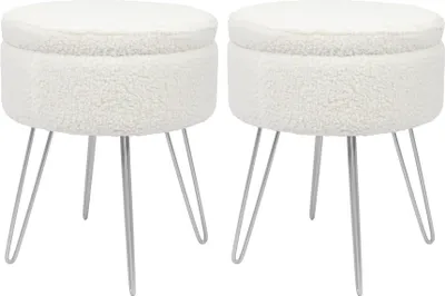 Produktbild von Weicher runder Bouclé-Fußhocker mit silbernen Haarnadelbeinen – Beige – 2er-Pack